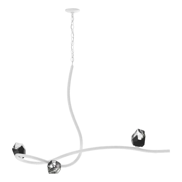 The sensual curves of the handcrafted steel body creates a sense of movement in space. 3 unique, handmade shades of thick, clear glass are encased in an outer cocoon of blown, colored glass, each polished to reveal an exquisitely clear inner glass layer beneath.