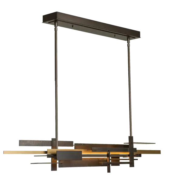 By popular demand, the Planar Pendant with Accent is a bold entry to the Planar Collection. Over 4' in width, and incorporating a new, two-toned aesthetic, the accent is an additional focal interest (shown here in Soft Gold) that warms and brightens the space. - alternate view