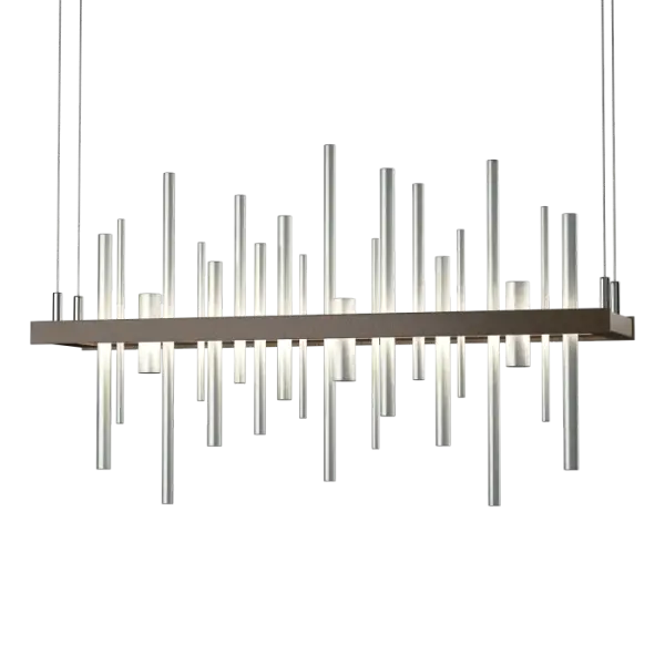With a choice of accents, this pendant offers an amazing "city view" no matter where you live. Our handcrafted Cityscape seems to be floating in mid-air. The visual concept is meant to evoke the image of skyscraper silhouettes situated on the waterfront (an LED platform) and reflected off the water below. A wash of beautiful up-and-down light graces this elegant fixture. - alternate view