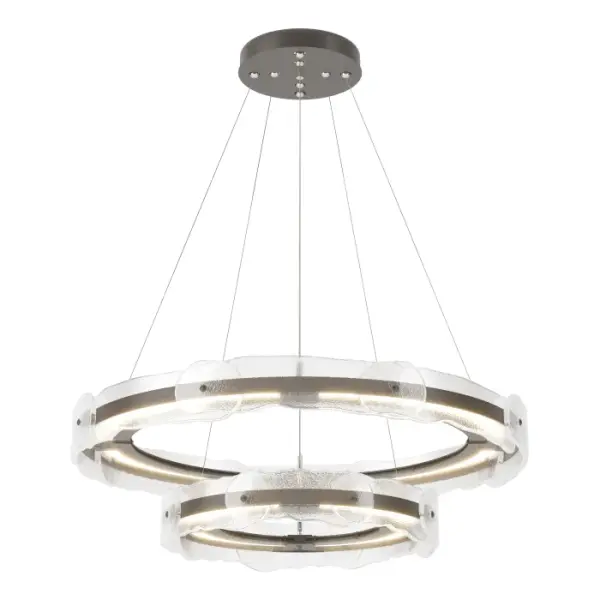 An elegant, two-tiered pendant featuring a graceful surround of hand-poured art glass entices you to contemplate the beauty of this pendant. Each of the textured glass panels is unique — handmade by the Vermont-based artisans at AO Glass.