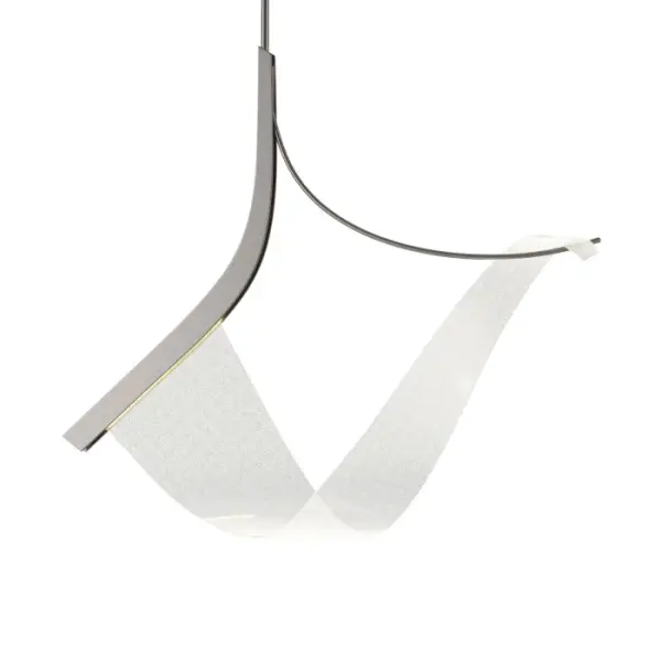 Fluid and ethereal, the Sling Pendant gives new meaning to "form and function", An elegantly swooping form makes light itself into a sculptural element. Held by steel handforged by Vermont metalcrafters, the Sling Pendant adds beauty to its space.