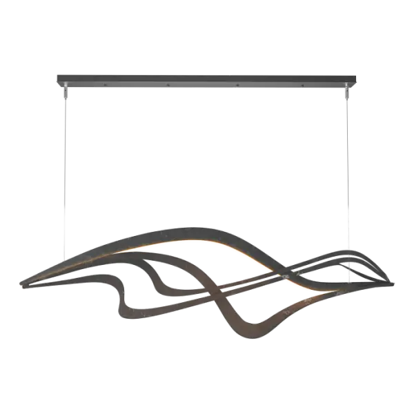 Intertwined ribbons of hand-forged steel are dramatically lit from above by its LED element hidden within one of the ribbons. The Crossing Waves Pendant flows visually creating interest with its undulating, sleek, curvy lines.