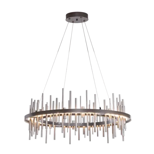 The Circular Cityscape Pendant is a stunning addition to the Cityscape collection of fixtures by Hubbardton Forge. Evoking the imagery of skyscraper silhouettes reflecting upon the waterfront, polished aluminum rods are washed in up-and-down light as they pass through a large circular LED light guide to “reflect” elegantly on the other side. With a choice of accents, this large pendant offers an amazing "city view" no matter where you live.