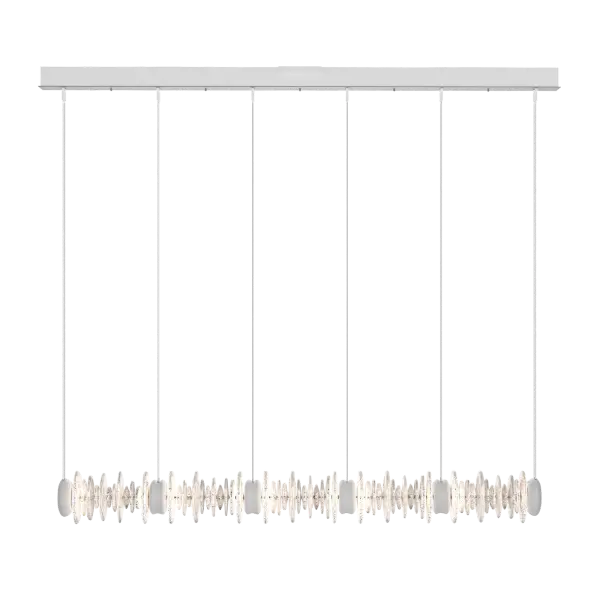 An addition to the Cairn Collection, this pendant tips the vertical glass "stone" stacks to a horizontal in this wonderful linear version. Round, textured clear and bubble glass of varying diameters are positioned side by side. Each of five "stacks" is bookended by metal, stone-shaped LED modules to great visual effect. Cable-hung, the Cairn Linear LED Pendant boasts a 4.7ft expanse, creating a stunning piece that is at home over a kitchen island, bar or reception counter, a dining table, a billiards table, and more.
