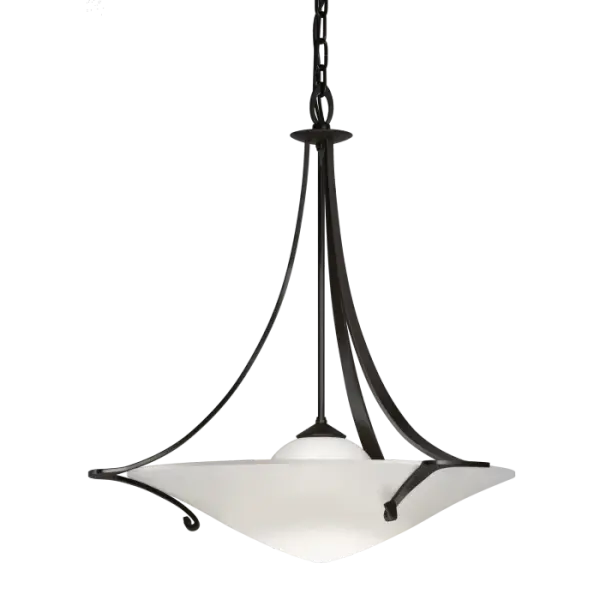 The Antasia Pendant, featuring sinuous curves of iron cradling a glass bowl and the bowl itself, that looks like a dome of water ready to stretch into a drop, was inspired by the art Nouveau movement. Created by artisans at our forge here in Vermont.