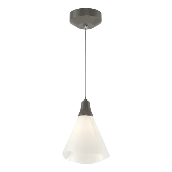 The Mobius Mini Pendant features a single blossoming spun frost shade suspended via low voltage cable that is height-adjustable from a discrete round canopy above. Available in all standard finishes.