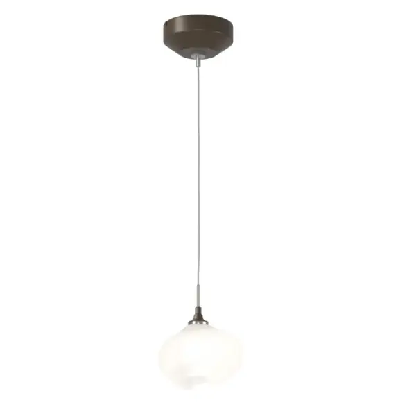A single glass shade is suspended via adjustable-height low voltage cable from a small round ceiling canopy. The Ume Mini Pendant offers its unique namesake Japanese blossoming plum shaped glass whose inner is frosted and outer is a high-gloss shade.