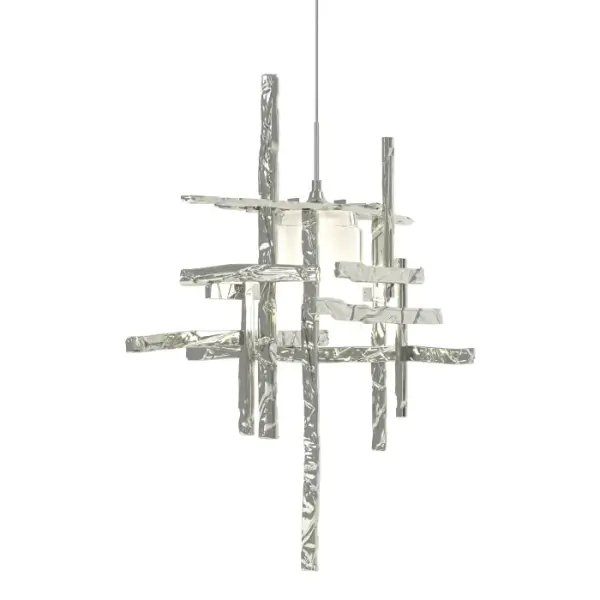 The Tura Mini Pendant with Frosted Glass features perpendicular, intersecting, handcrafted pieces of annealed aluminum that form an exoskeleton surrounding a frosted glass shade. Suspended from a small round canopy, electricity is delivered via the pendant's low voltage cable. Available in all standard finishes.