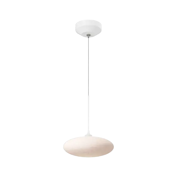 A large squoze sphere that looks to have been pressed on top and bottom to form its unique and delicate shape. Like the puff of a cloud (some also see a UFO) the Cloud is suspended on a low voltage cable. It's white tortoise shell-like glass glows from the light within.