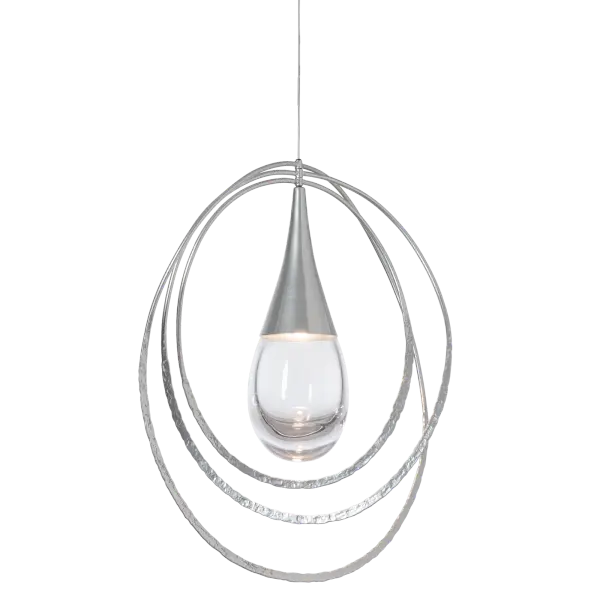 This Lyric single pendant is so lovely. Is it the beautiful shape of the thick bottomed teardrop glass, the elegant shape of its metal embrace, or is it the hand-forged and hammered oval rings? It's difficult to say, as the sum of the parts is what creates the Lyric's beauty. It's handmade rings are free to move gently about the glass. Offered in any of our standard interior finishes. - alternate view