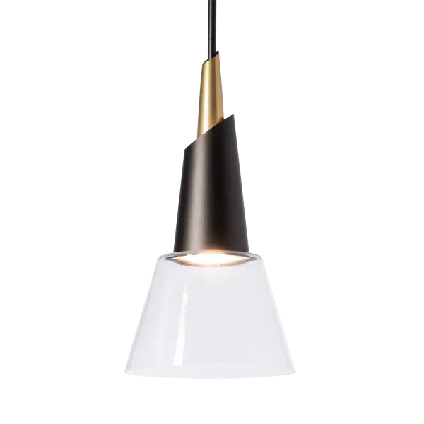 This lovely mini pendant has a wonderful profile. With a top inner piece seeming to spiral into a lower metal cone, the Kora Mini Pendant is perfect to hang in multiples. A two-tone finish is an option, with each individual "section" of the spiral. A clear glass shade complements the Kora's playful aesthetic. - alternate view