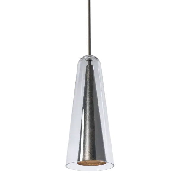 A clear accent finish (-44) allows the handiwork of the Vermont artisans to shine through. A distinctive texture of the fires of the forge give visual interest to the Spire's tall inner metal cone. A crystal clear outer glass in this conical shape lends a sophisticated look to this simple form. Mini in diameter yet tall in stature, the Spire Mini Pendant is perfect to hang singly or in multiples. - alternate view