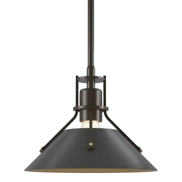 Our Henry Mini Pendant with its brass-riveted, spun-metal shade and stark design delivers strong industrial aesthetics. A close look will reveal a level of craftsmanship beyond the norm. Handcrafted by artisans here at our Vermont forge each piece is unique.