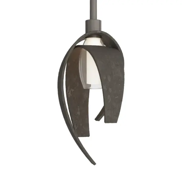 As a standalone fixture or as a group, our pendant adds elegance to a space. Light is diffused through clear/frosted glass and softly reflected off the hand-forged steel curves which are handmade by Vermont artisans.