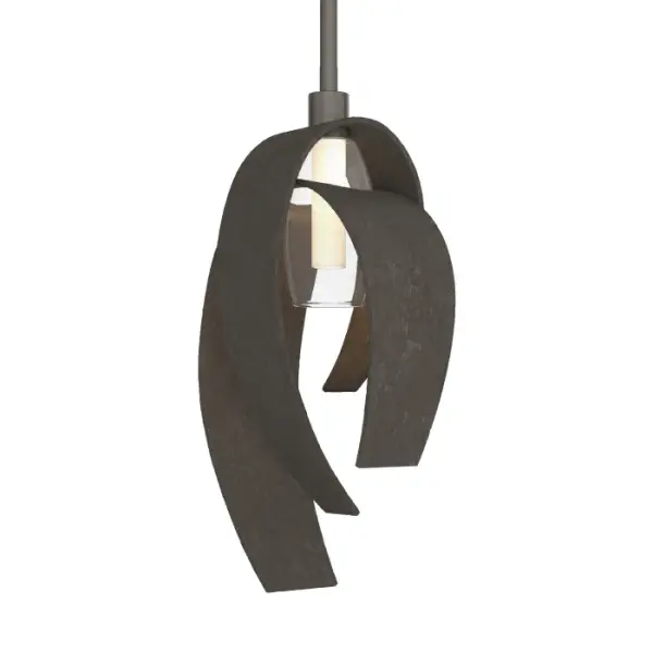 As a standalone fixture or as a group, our large pendant adds elegance to a space. Light is diffused through clear/frosted glass and softly reflected off the hand-forged steel curves which are handmade by Vermont artisans.