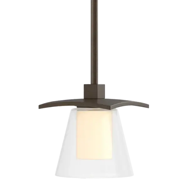 The Wren Mini Pendant's design element is simple. A steel rectangle with slightly curled edges shape bands of light which stream from the narrower sides to decorate the ceiling while the open end of the glass directs light for practical needs.