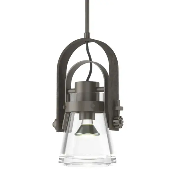 Inspired by the flat-bottomed Erlenmeyer flask, this pendant's blown-glass flask is encircled by a handcrafted steel collar fixed to an arch within an arch. The light's angle can be adjusted with the steel cog locked by a hand-wrought nail. - alternate view