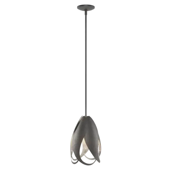 Metal petals form this floral pendant. The steel is coaxed into gentle swoops and curls to cradle the light, creating a beautiful glow.
