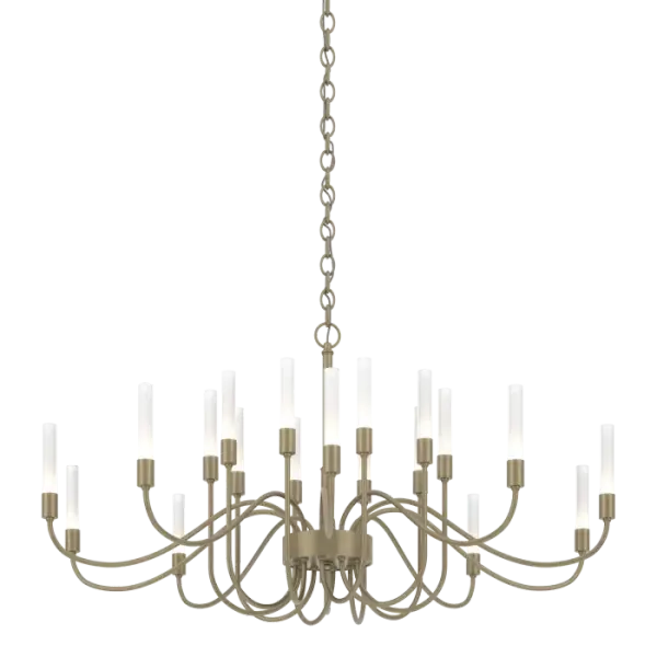 Finely formed steel arms curve upward to support slender glasses of this large chandelier. Inspired by the tulip buds found in the town of Lisse in Holland, but crafted by artisans here at our Vermont forge, each piece is unique.