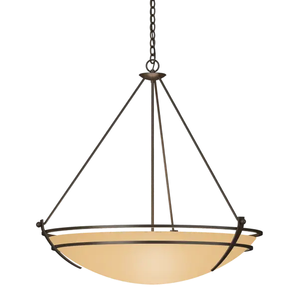 Concentric steel bands circle the glass bowl of this large-scale pendant. Handcrafted steel tines hold the bowl. This modern fixture is crafted using a mix of tradition and technique by artisans at our forge here in Vermont.