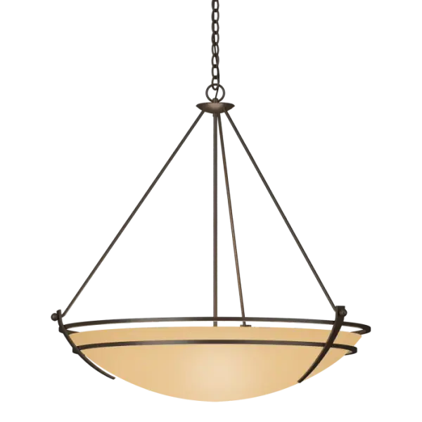 Concentric steel bands circle the glass bowl of this large-scale pendant. Handcrafted steel tines hold the bowl. This modern fixture is crafted using a mix of tradition and technique by artisans at our forge here in Vermont. - alternate view