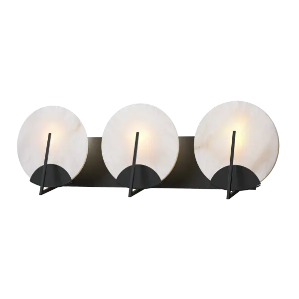 Natural alabaster discs from Spain is positioned before three lights and held with beautiful handcrafted steel semi-circles and a vertical steel tige for a contemporary touch. Designed by Ori Goldberg, this elegant 3-Light Bath Sconce joins the Callisto Collection that includes a semi-flush, a 1-light sconce and a beautiful 7-light pendant.