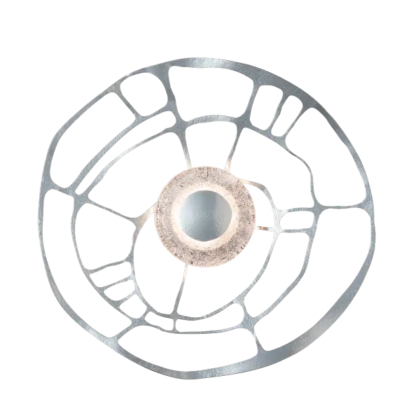 This wall mounted fixture is large and impressive. The unique shadows the Muse's design casts on the wall are part of the beauty of this piece. Some see a complex spiderweb-like form in this abstract circular metal form. Though large, it feels delicate thanks to its delicate, open metalwork. The glass is unique—an internal crackle-like texture. A forged and texture metal disc is centered in the thick glass, with the light appearing to emanate from within. The color temperature can be set during installation, with a choice of 3 settings (2700K/3000K/4000K), allowing you to select the ideal ambiance for the space. - alternate view