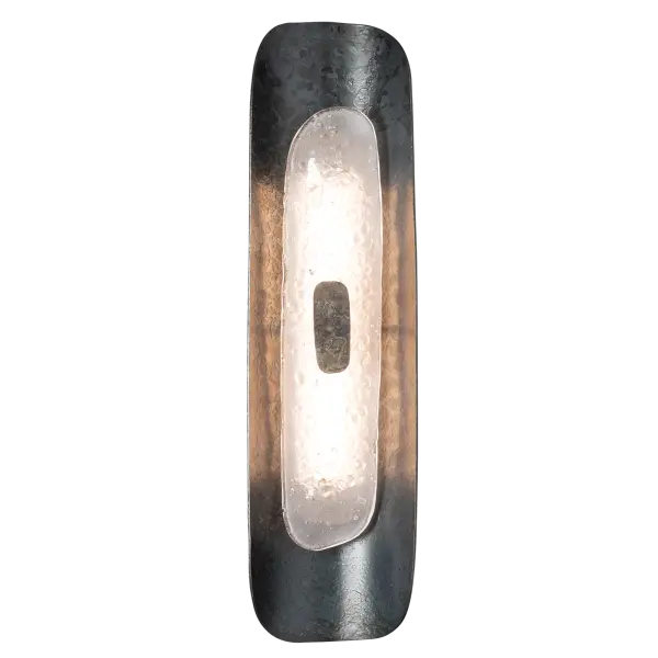 It's all in the details. The unique fritted glass. The detailed hand-forged rectangular steel medallion. The stunning texture on the gently shaped, large steel element that is a trademark exposing the fire's fingerprint on each piece forged in Castleton. Imagined to create a sumptuous spa-like environment, yet beautiful on any wall in the home, the Shield Small Sconce is 2' in height and ADA-compliant at just 3" in depth. - alternate view