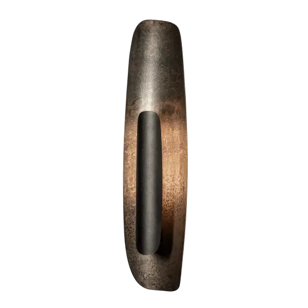 The Shield Sconce makes a bold statement. Large, with unique textures and light that will set the ambiance, the Shield shows the Vermont artisans' talents at their finest. A new, clear finish (-44) is available and allows every texture of the metal to come through, yet has a satiny feel to the touch. Each piece displays a unique fingerprint from the 2000º fires of the forge. - alternate view
