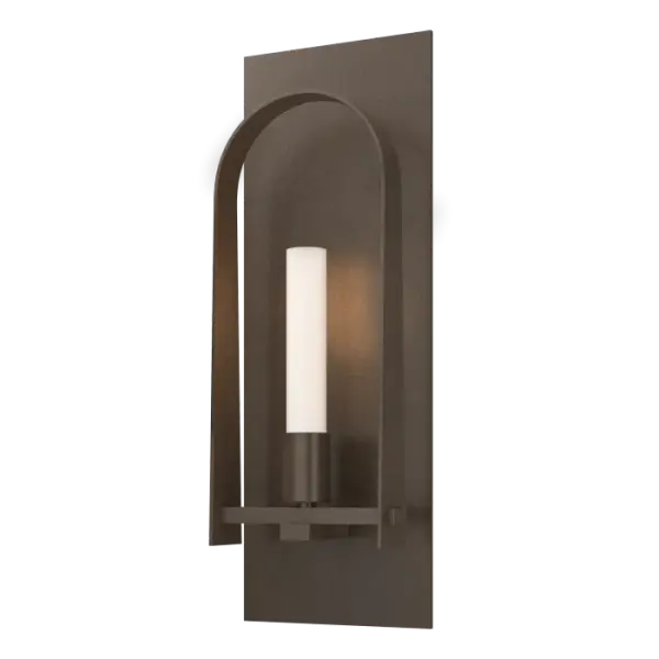 A beautiful, two-tone option wall-mounted fixture, the Triomphe 1-Light Sconce is perfectly suited to a variety of interior settings. Chic and sophisticated, yet with clean lines, this wall sconce shows off its Craftsman tenon details and modern frosted glass tube element. The elegant arch can be created with a contrasting finish for dramatic effect.