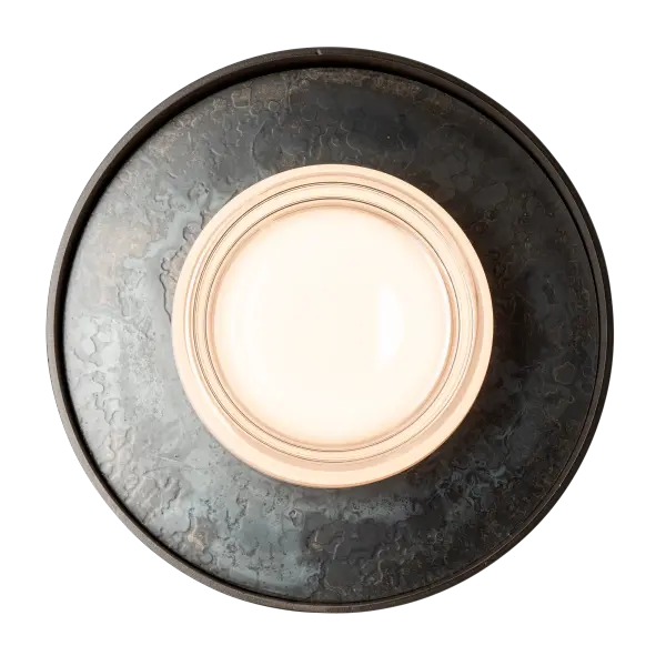 This 14-inch diameter piece can serve as either a wall mounted sconce or a ceiling semi-flush. Either way, it's gorgeous! Take note of the inner ring of steel that is now offered with the option of a clear (-44) finish that lets the imprint of the forge's fires shine through. A substantial, thick central "milky" glass element with a very thick clear glass perimeter combines with the steel outer ring and circular frame to create a unique and beautiful fixture. All of that and selectable color temperature (2700/3000/4000). - alternate view