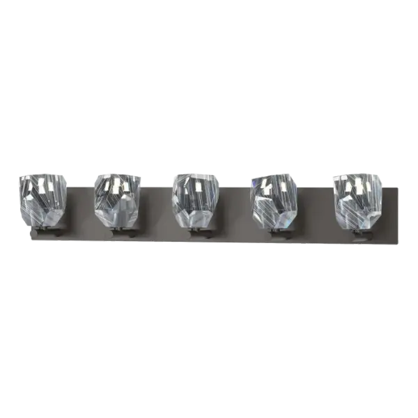 Sophisticated elegance. As the name implies, the Gatsby exudes luxury with its hand-cut and polished crystals. A large linear wall mount, the Gatsby 5-Light Bath Sconce features a steel backplate and arms.