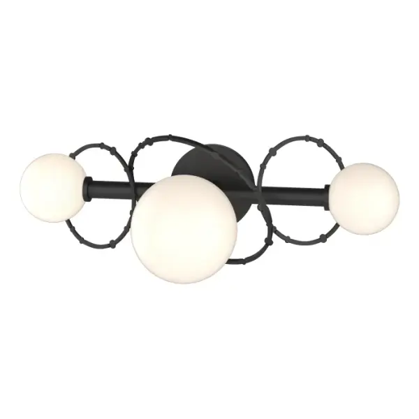 The Olympus 3-Light Bath Sconce features the Olympus Collection's forged and hand-hammered and stamped steel rings that intersect the wall sconce's bar mounted to a small, round backplate. With varied sized glass globes, the Olympus Bath Sconce is playful and modern and may be positioned horizontally or vertically. Available in Black, Oil Rubbed Bronze, Vintage Platinum, Soft Gold, Sterling and Modern Brass. - alternate view