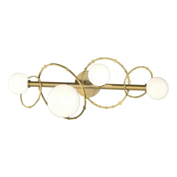 Who says bathtime can't be fun? The Olympus 4-Light Bath Sconce's rings playfully interact with the varied glass globes and its steel tube base. Globes offer functional lighting required for bath environments. The wall sconce can be mounted either vertically or horizontally. Hand-forged rings are hammered and stamped, making the craft of the artisan evident. Available in Black, Oil Rubbed Bronze, Vintage Platinum, Soft Gold, Sterling and Modern Brass.