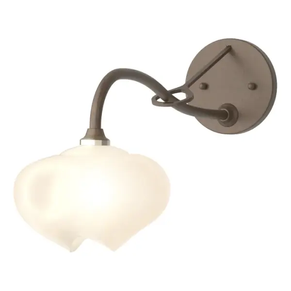 There are designs that call for greater projection for a wall mounted light. The Ume 1-Light Long-Arm Sconce is perfect for those situations. With a gently curved longer metal arm, this Ume wall sconce features the Ume frosted shade, shaped like its namesake Japanese plum blossom and made of a unique frosted inside/glossy outside. Available in Black, Oil Rubbed Bronze, Vintage Platinum, Soft Gold, Sterling and Modern Brass.