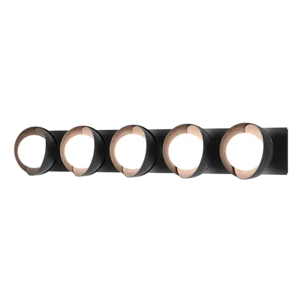 A large, linear wall sconce, the Brooklyn 5-Light Straight Double Shade Bath Sconce can be mounted vertically or horizontally to suit the bath design. Perfect for a large vanity setting, the metal shades can be adjusted to the desired positions. The five double shades are hand-forged and textured by Vermont artisans and are offered as a two-tone option, should contrasting colors be desired.