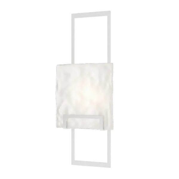 A tall, open rectangular piece of steel holds a large clear, textured glass square panel giving the Geo Sconce an angular yet distinguished allure. Very geometric in design, with clean simple lines, the Geo adds a touch of modern style to any space.