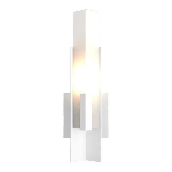 A classic design with a contemporary feel, two right angles that embrace to shield the light within, the Summit Sconce features steel that is bent to 90º that holds a glass element that is shaped to the same angle. A frosted cylinder of light is centered between the two, creating a stunning effect.