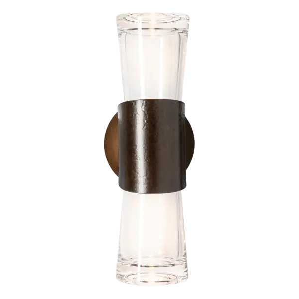 Wrapped in a warm embrace, the Bellis 2-Light wall sconce's steel features the signature of the fires of the forge. Each piece's texture is unique, like a fingerprint, and offered in any of our standard interior finishes. Up- and downlight from the thick, clear glass of the Bellis provides ample clarity to its space. - alternate view