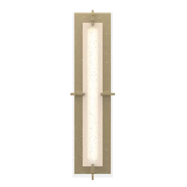 The LED concealed by opaque glass provides the illumination for our large sconce. But the real shining design element is the seeded, thick glass panel. Handcrafted by artisans here at our forge in Vermont, each piece is unique.