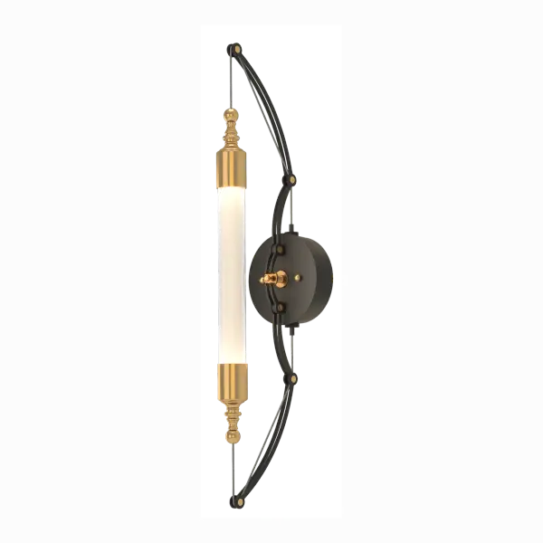 A structure resembling an undrawn bow is the hallmark of the Otto Sconce. It has quickly become a favorite with our design team and when you see it, you'll understand why. Polished brass and black finishes with an exquisitely suspended glass tube make this a striking fixture.