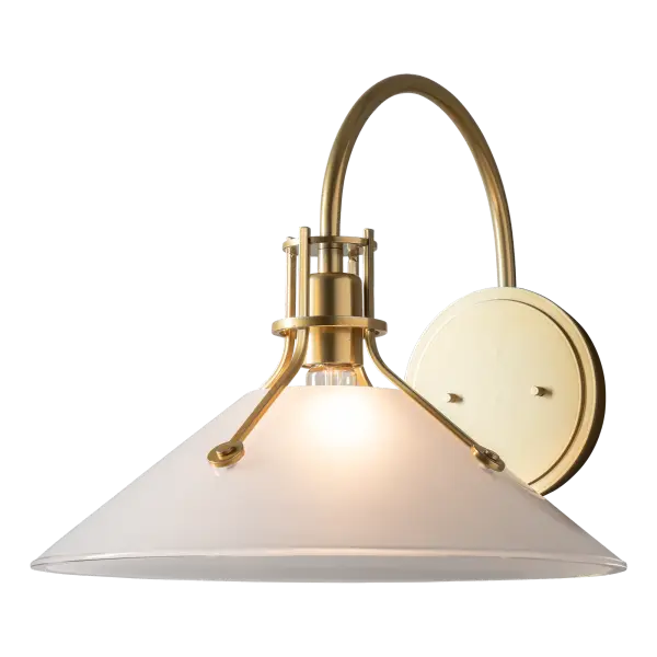 This Henry Large Sconce w/Glass Shade is available with a stunningly clear, thick glass shade as a new member of the very popular and ever-growing Henry Collection featuring conical shades held by riveted metal arms. - alternate view