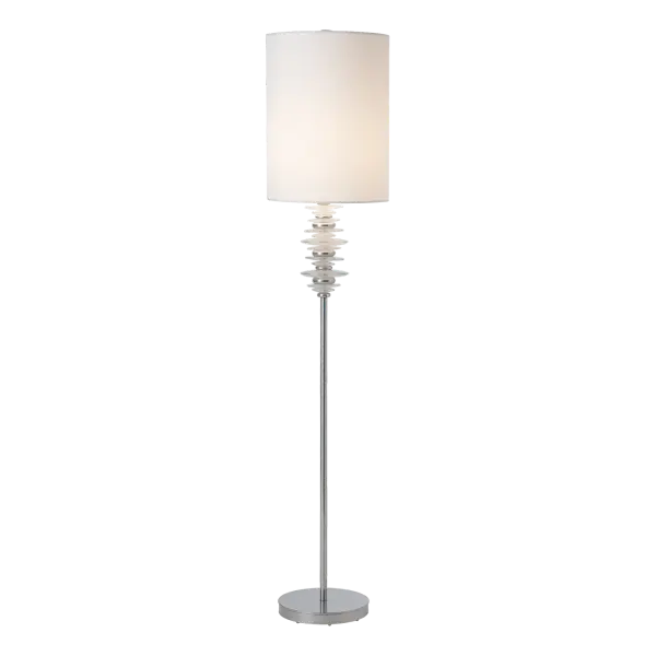 Standing at nearly 6' tall, the Cairn Floor Lamp sparkles with its 12 hand-poured glass "stones" that are intersperced smaller metal "stones". Inspired by ancient wayfinders and markers along natural paths, the Cairn brings direction to any space. Its tall cylindrical shade accents the elegant style of this lamp.