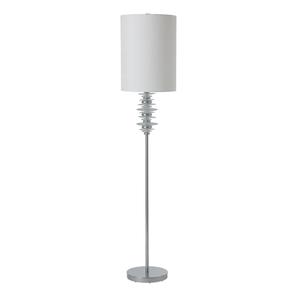 Standing at nearly 6' tall, the Cairn Floor Lamp sparkles with its 12 hand-poured glass "stones" that are intersperced smaller metal "stones". Inspired by ancient wayfinders and markers along natural paths, the Cairn brings direction to any space. Its tall cylindrical shade accents the elegant style of this lamp. - alternate view
