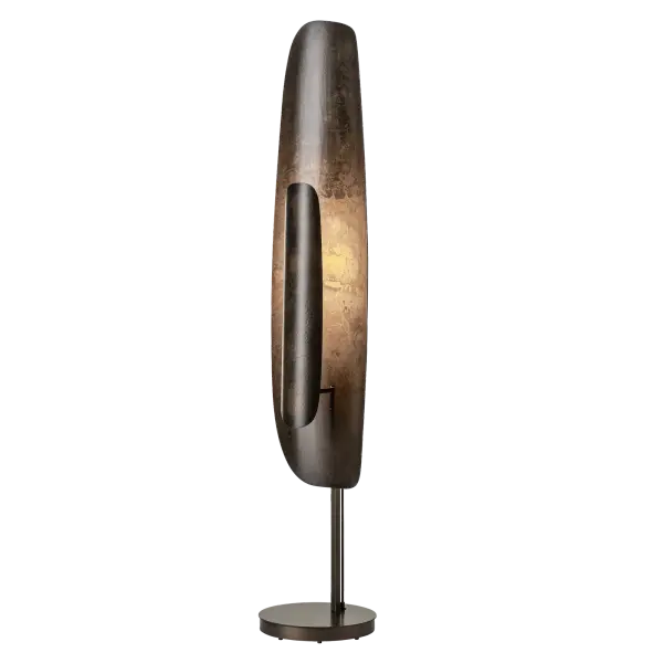 Two large plates of heavily forged steel are gently curved to great effect in the nearly 5' tall Shield Medium Floor Lamp. The large back plate is curved vertically creating a concave surface. This heavily forged surface is illuminated by LED shielded by the smaller, narrower, sleek outer plate that is vertically curved and standing off the larger steel plate hiding the LED element from view. A dimmer rod, located at the back of the lamp allows for easy adjustment of the light to create just the right mood. The dimmer rod, stem and base are available in any of our standard finishes. The Shield plates are available in your choice of Accent Finishes, including the new Clear finish. Shield Lamps are available in 3 sizes (Short, Medium, and Tall). Try them in a cluster! - alternate view