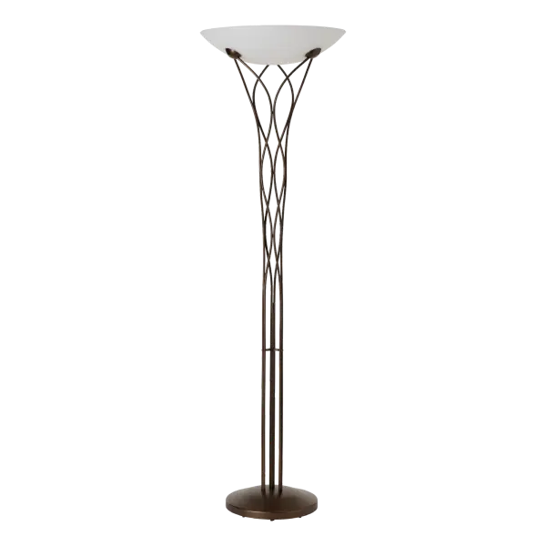 Light, airy, elegant, the Lattice Torchière is aptly named for the painstaking handwork by our Vermont artisans. The flowing steel creates lattice patterns as each crisscrosses another as it ascends vertically toward the glass they embrace. - alternate view