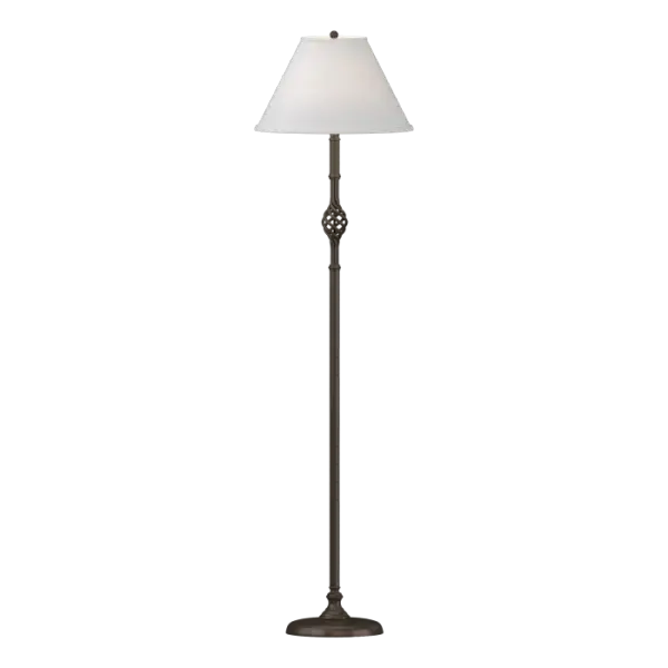 A traditional design with a literal twist, the modern blacksmiths here at Hubbardton Forge have crafted the famous twin basket design of yesteryear to adorn today's rooms. This floor lamp displays forging at its finest with the hand-worked steel basket. - alternate view