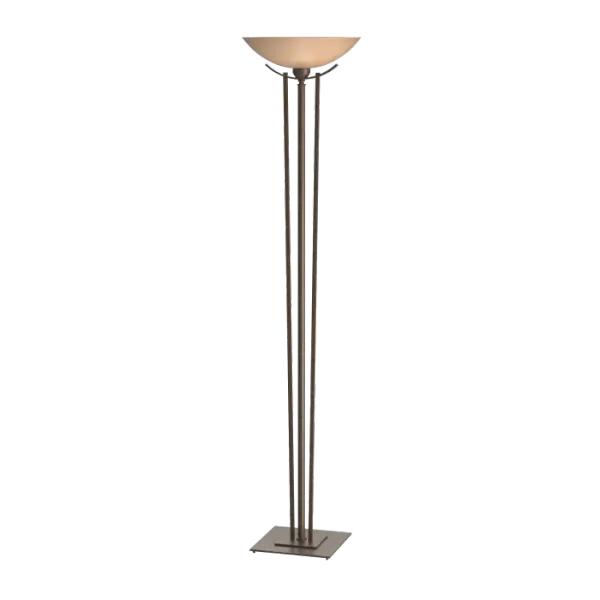 Taking a cue from the tall ornamental stands for candlesticks from long ago, our Torchiere rises to the height of elegance with two rods of steel escorting the steel tube up to the glass bowl.