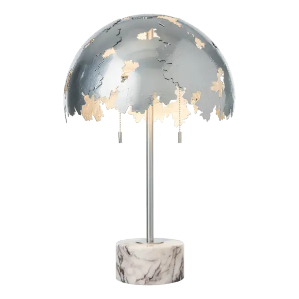 According to designer David Martin, the Pangea Dome Table Lamp features a hand-forged shade referencing the historic breakup of the supercontinent millions of years ago, grounded by its exquisite black or lilac marble base for a small footprint. Chain-pulls for its two medium-base bulbs add function with style.