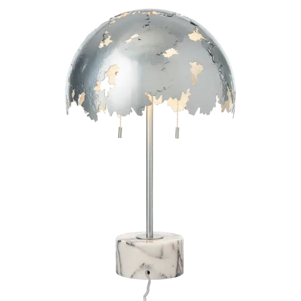 According to designer David Martin, the Pangea Dome Table Lamp features a hand-forged shade referencing the historic breakup of the supercontinent millions of years ago, grounded by its exquisite black or lilac marble base for a small footprint. Chain-pulls for its two medium-base bulbs add function with style. - alternate view
